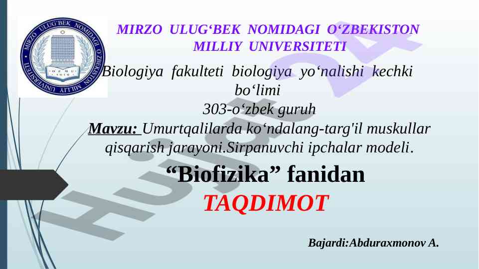 Umurtqalilarda muskullar qisqarish jarayoni taqdimoti