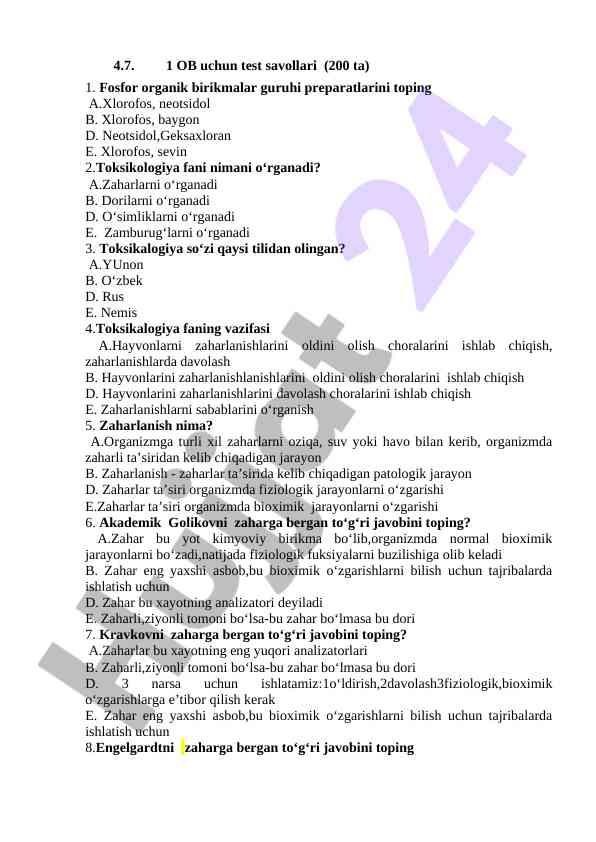 Ob uchun test savollari va toksikologiya fani