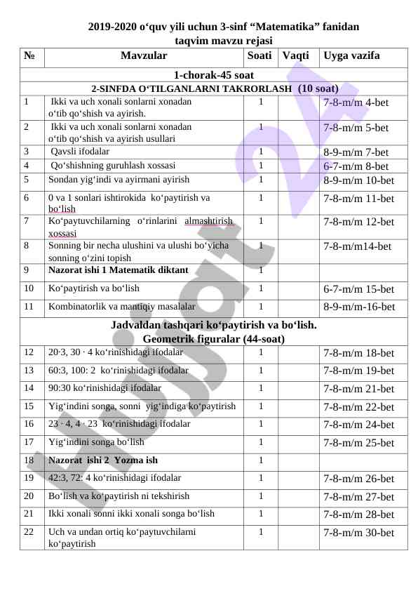 3-sinf matematika fanidan taqvim mavzu rejasi