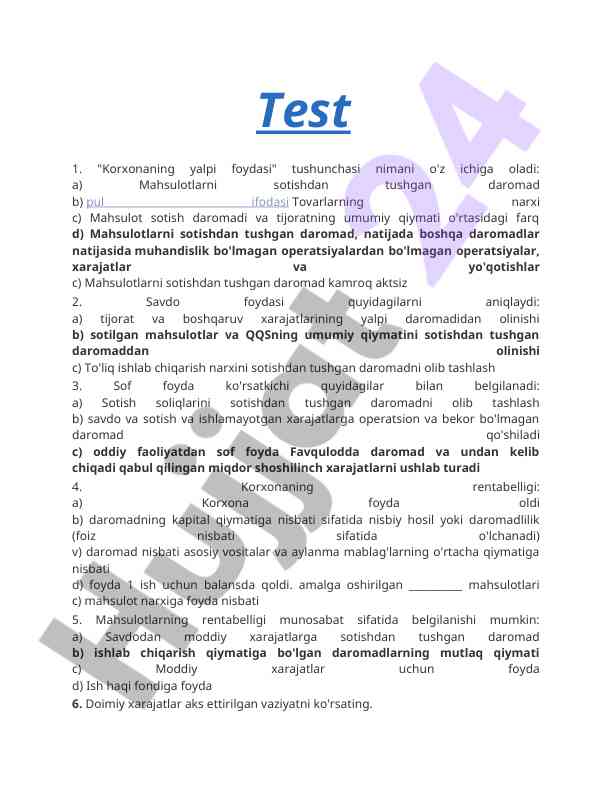 Korxonaning yalpi foydasi tushunchasi