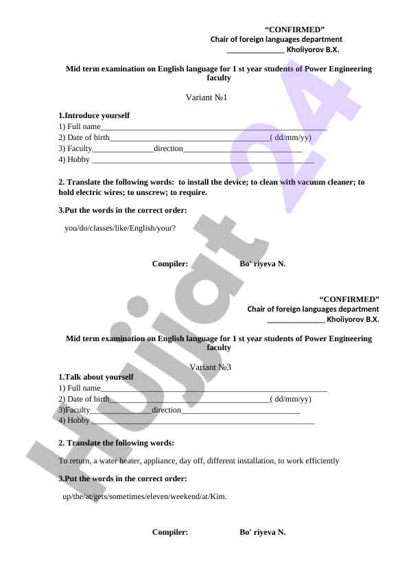Mid term examination on english language for students