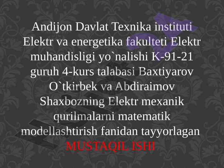 Bir fazali sinxron generatorni matematik modellashtirish