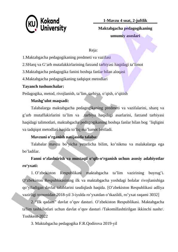 Maktabgacha pedagogikaning predmeti va vazifalari