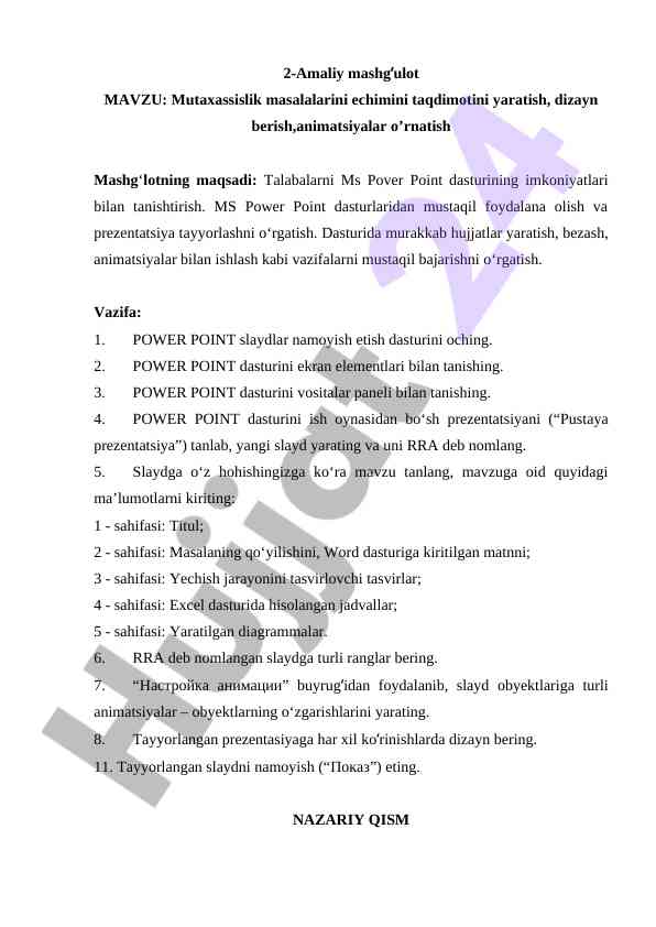 Ms power point dasturida prezentatsiya tayyorlash