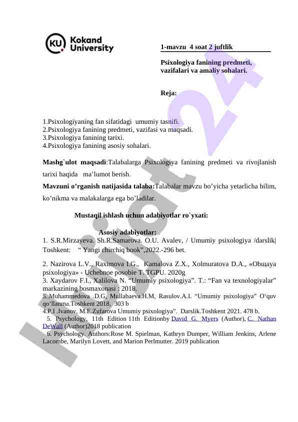 Psixologiyaning predmeti va tarixi hakida ma'lumotlar