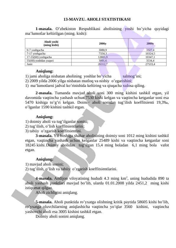 Statistika masalalari bilan ahalini tahlil qilish