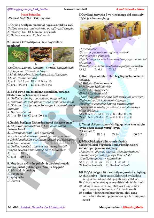 5-sinf botanika nazorat testi №3