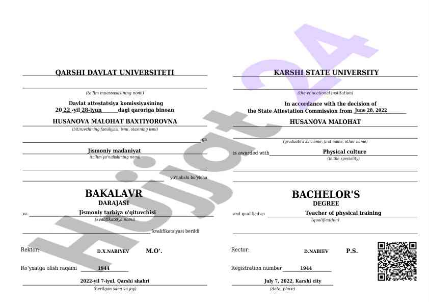 Bakalavr darajasi berilishi haqida ma'lumotnoma