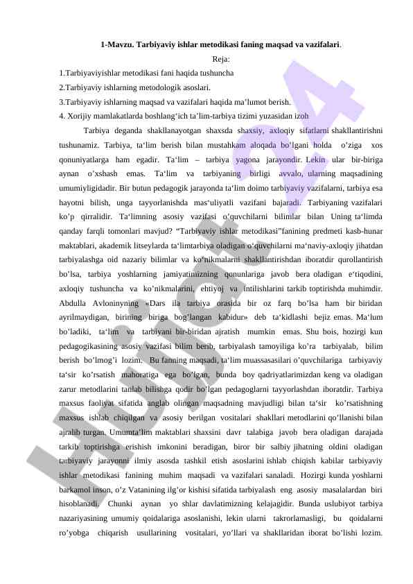 Tarbiyaviy ishlar metodikasi fanining maqsad va vazifalari