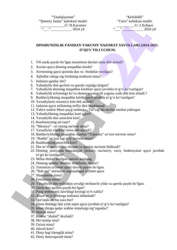 Dinshunoslik fanidan yakuniy nazorat savollari