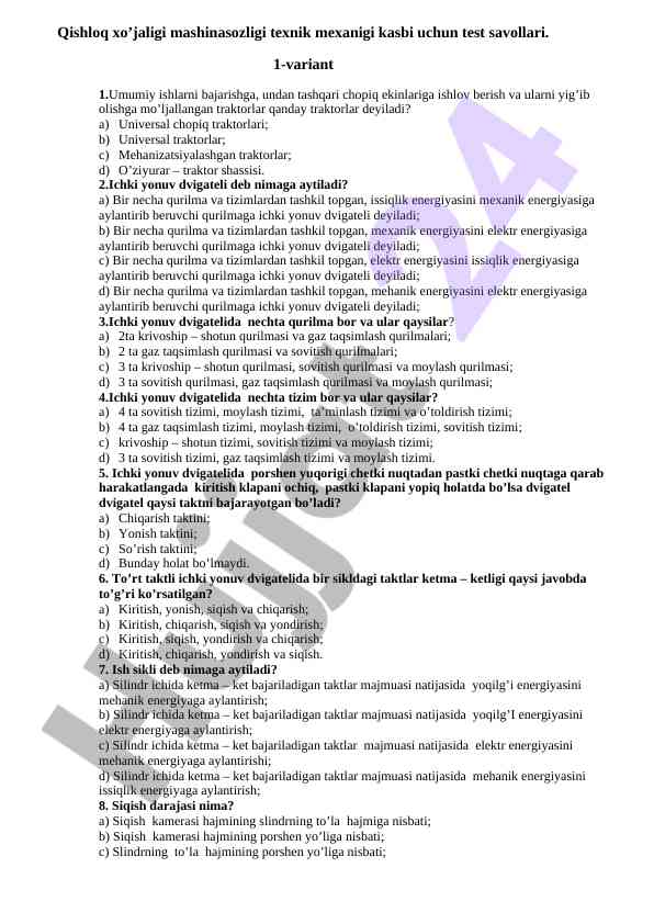 Qishloq xo'jaligi mashinasozligi test savollari