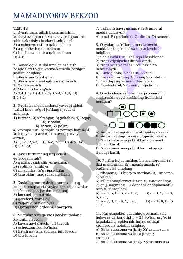 Biologiya bo'yicha test savollari