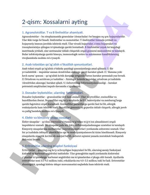 Agranulotsitlar va asab tolasidan qo‘zg‘alish