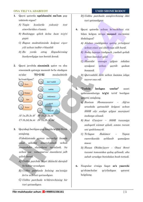 Ona tili va adabiyot test savollari