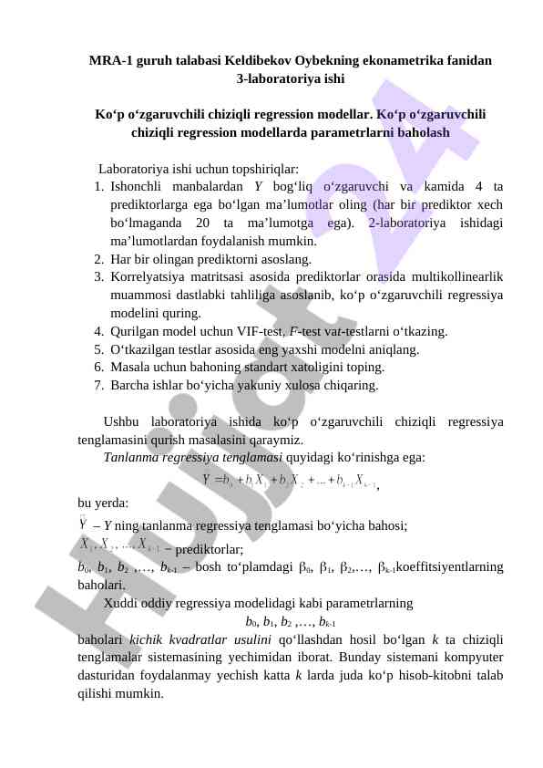 Ko‘p o‘zgaruvchili chiziqli regression modellar