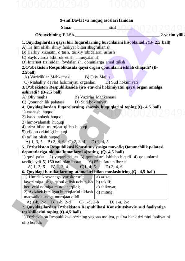 9-sinf davlat va huquq asoslari test savollari