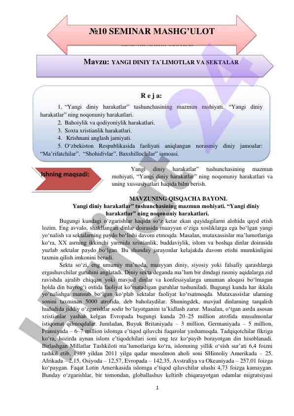Yangi diniy harakatlar mazmuni va xususiyatlari