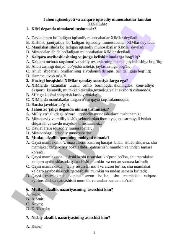Xalqaro iqtisodiy munosabatlar bo‘yicha testlar