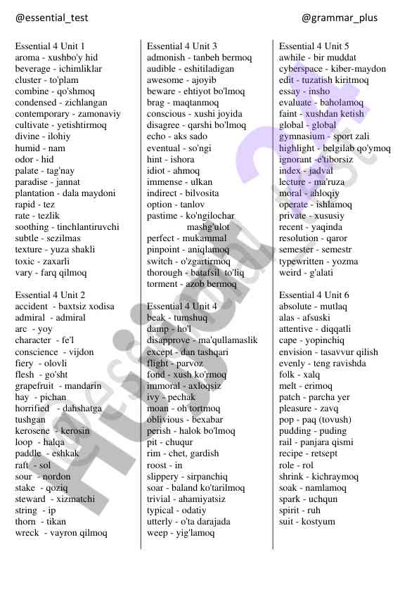 Essential 4 unit vocabulary list for language learning