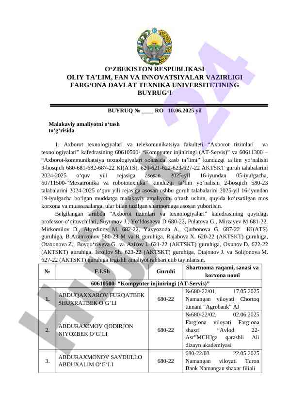 Malakaviy amaliyot o‘tishi to‘g‘risidagi buyruq