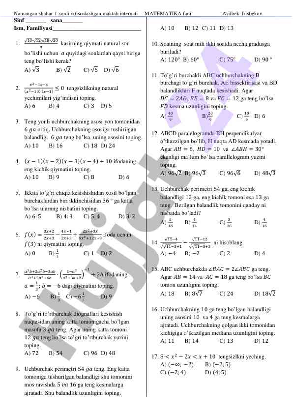 Matematika fani bo'yicha test savollari