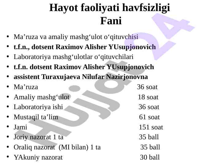 Hayot faoliyati havfsizligi fani ma’ruza va amaliy mashg‘ulot