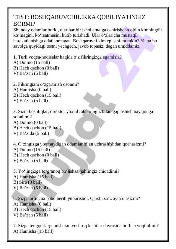 Boshqaruvchilik Qobiliyatini Aniqlash Testi