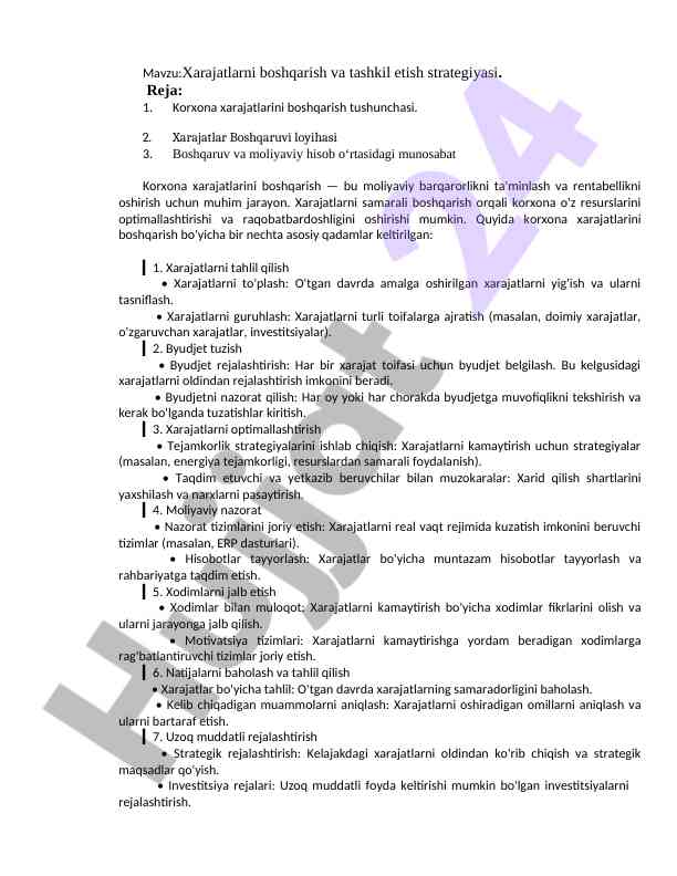 Xarajatlarni boshqarish va tashkil etish strategiyasi