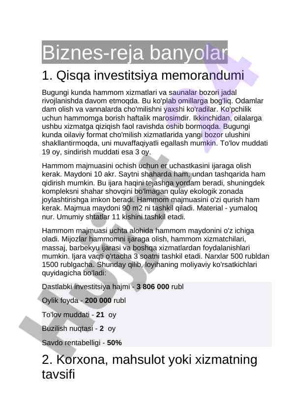Hammom majmuasini ochish uchun investitsiya rejasi