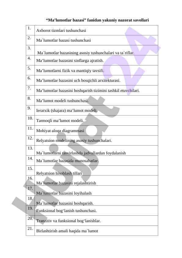 Ma’lumotlar bazasi fanidan yakuniy nazorat savollari