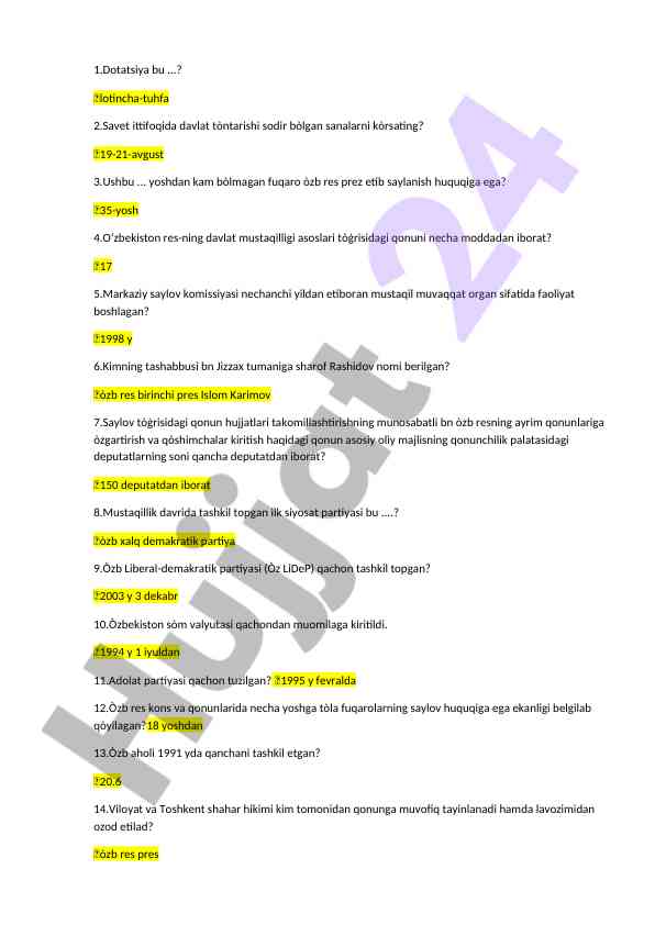 O‘zbekiston davlat tarixi bo‘yicha test savollari