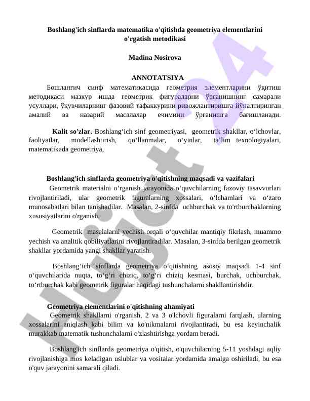 Boshlang'ich sinflarda geometriya o'qitish metodikasi