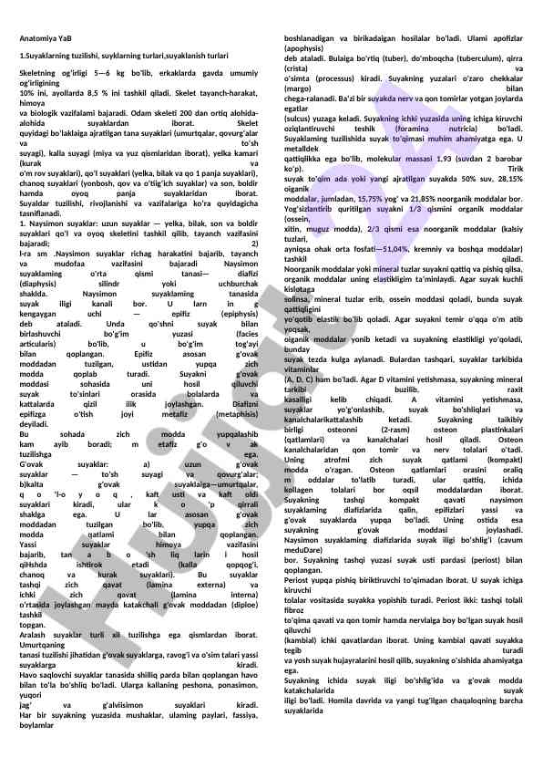 Suyaklarning tuzilishi va turlari haqida ma'lumot