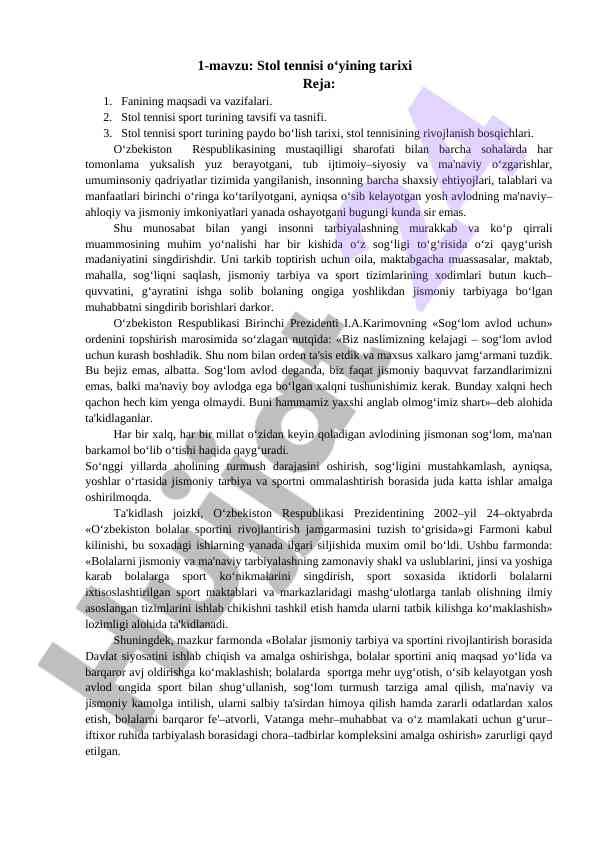 Stol tennisining tarixi va rivojlanish bosqichlari