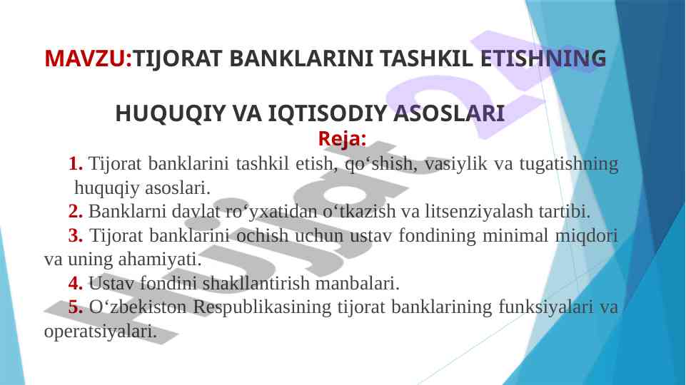Tijorat banklarini tashkil etishning huquqiy asoslari