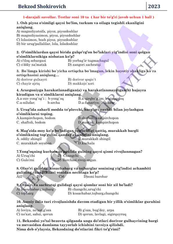 O'simliklar haqida savollar testlari 2023