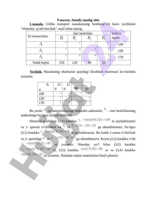 Transport masalalarini yechish usullari