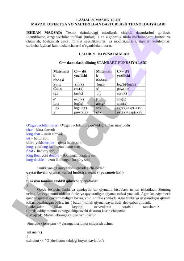 C++ dasturlashda ob'ektga yo'naltirilgan texnologiyalar