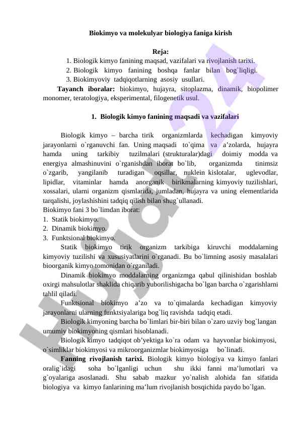Biokimyo va molekulyar biologiya faniga kirish