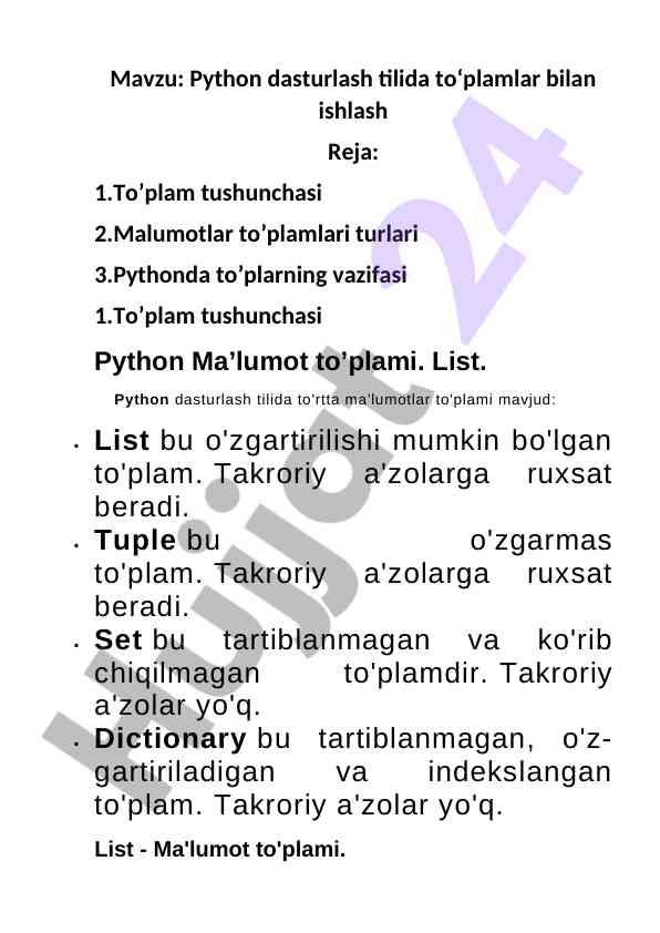 Python dasturlash tilida to‘plamlar bilan ishlash