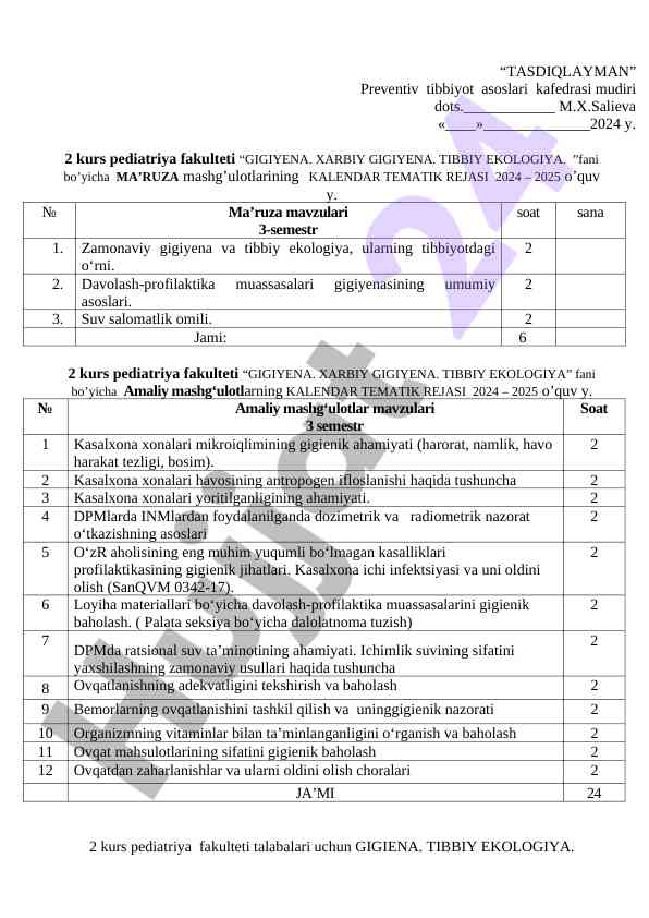 Gigiyena, harbiy gigiyena va tibbi ekologiya rejasi