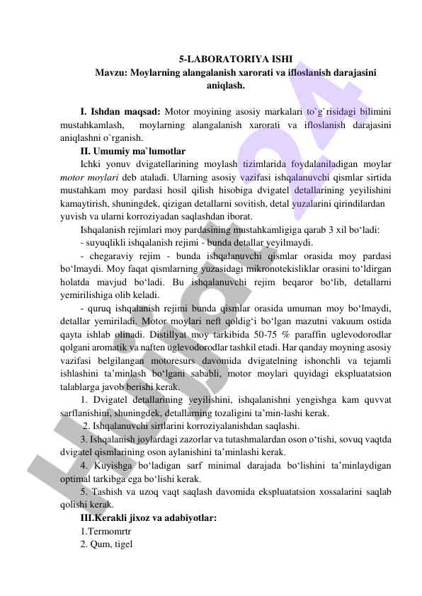 Moylarning alangalanish xarorati va ifloslanish darajasi