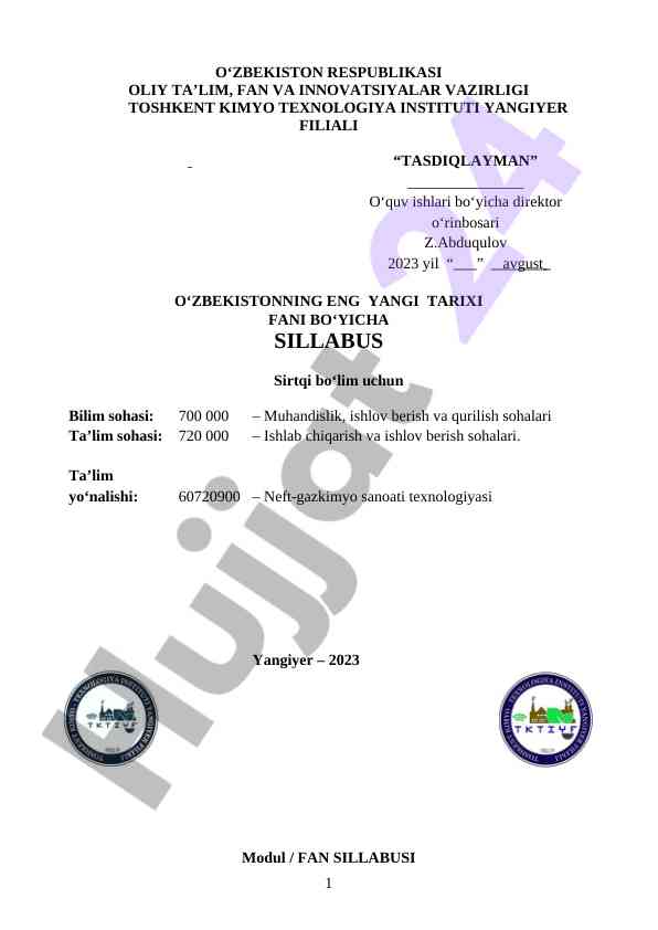 Yangi tarix faniga oid sillabus