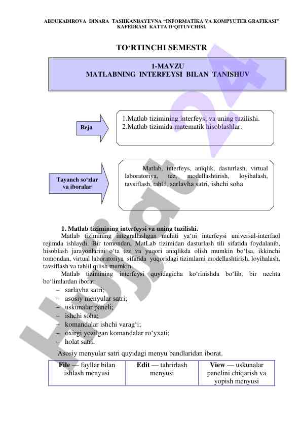 Matlab tizimining interfeysi va uning tuzilishi