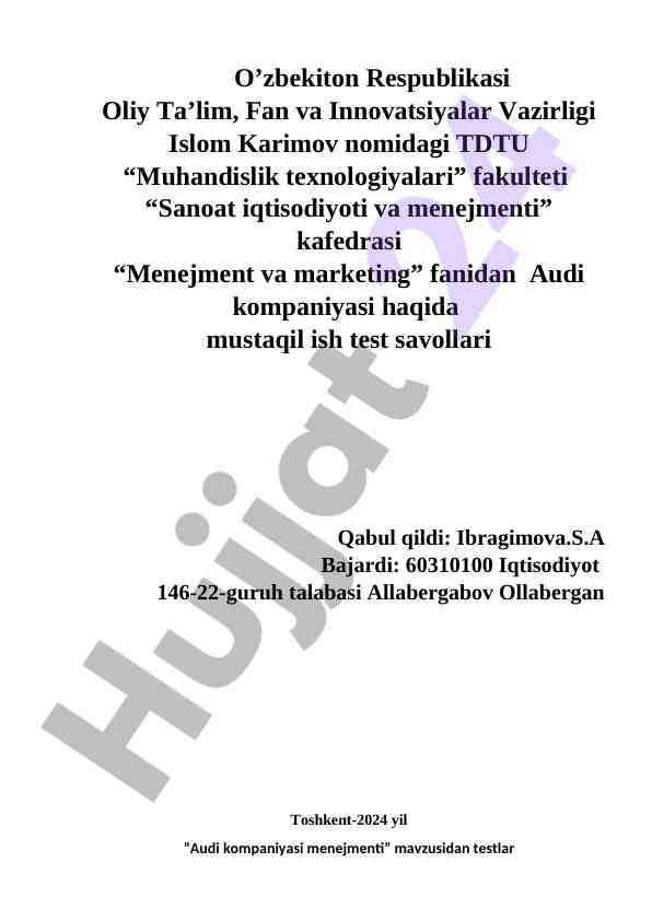 Audi kompaniyasi menejmenti test savollari