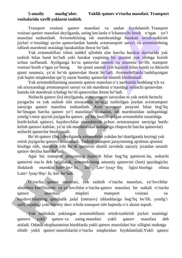 Transport vositalarida yuk tashish amaliyotlari