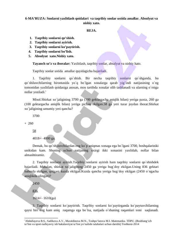 Sonlarni yaxlitlash qoidalari va taqribiy sonlar ustida