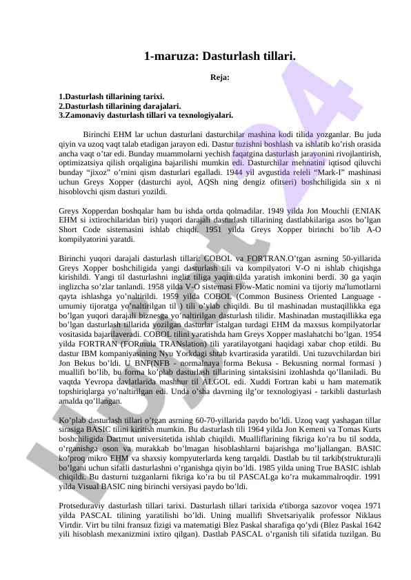 Dasturlash tillari tarixi va zamonaviyligi