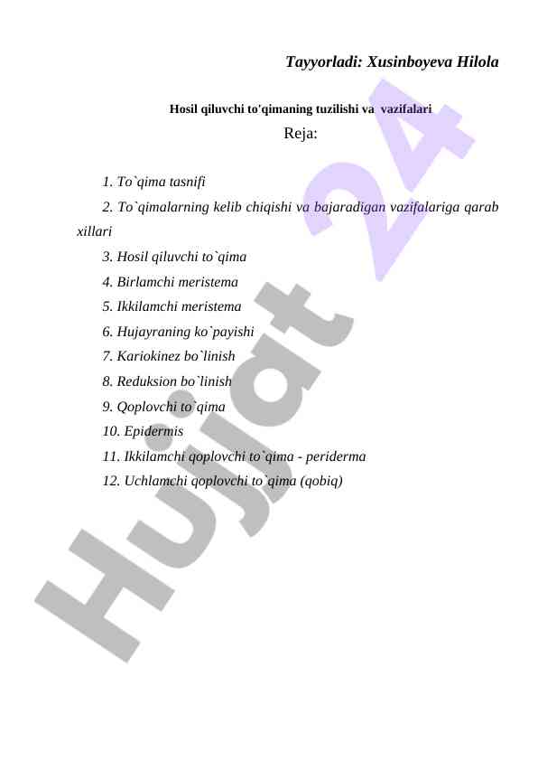 Tayyorlagan to'qima tuzilishi va vazifalari