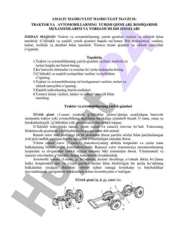 Traktor va avtomobillarning yurish qismlari tahlili